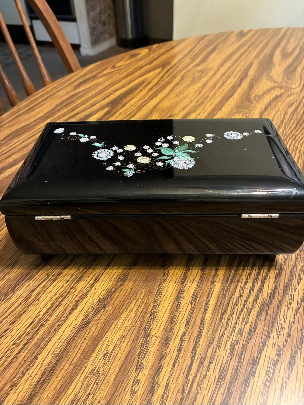 Black Floral Lacquered music & Jewelry Box 5”x8”